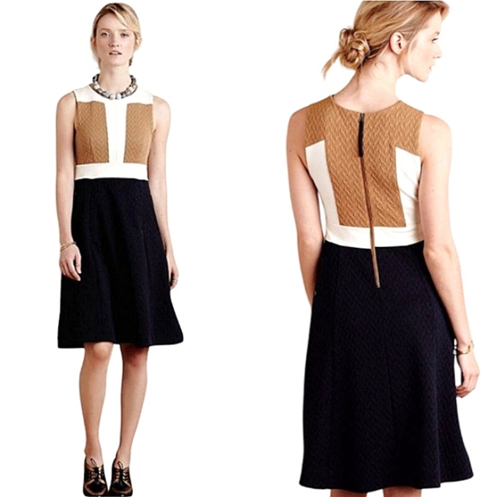 Maeve Tan and Black Sleeveless Midi Dress